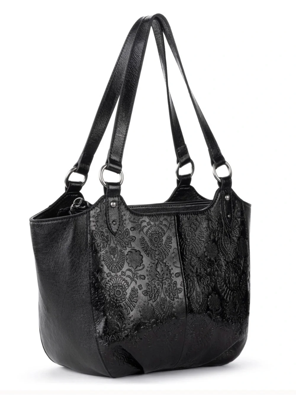 The Sak Bolinas Satchel in Black Floral Embossed Leather